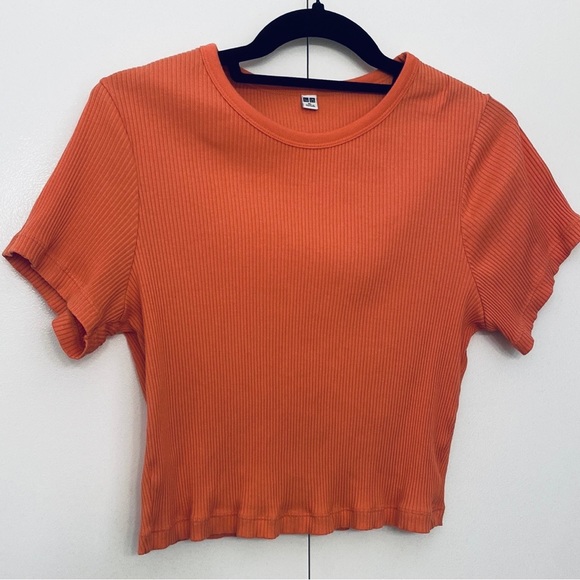 Uniqlo Ribbed Crew Neck Short-Sleeve Cropped T-Shirt, Orange, XL - Picture 3 of 15
